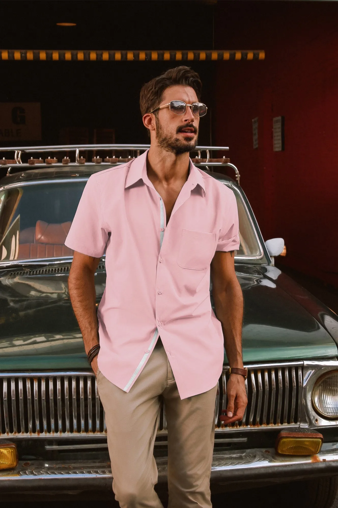 Men Classic Collar Shirt Casual Short Sleeve Curved Hem Button-up Tops