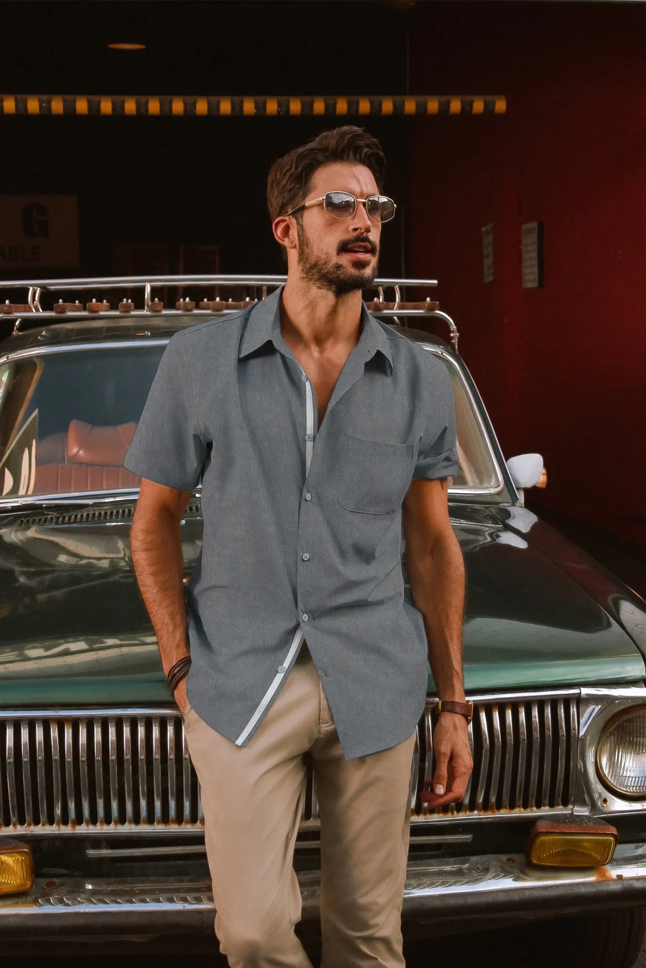 Men Classic Collar Shirt Casual Short Sleeve Curved Hem Button-up Tops