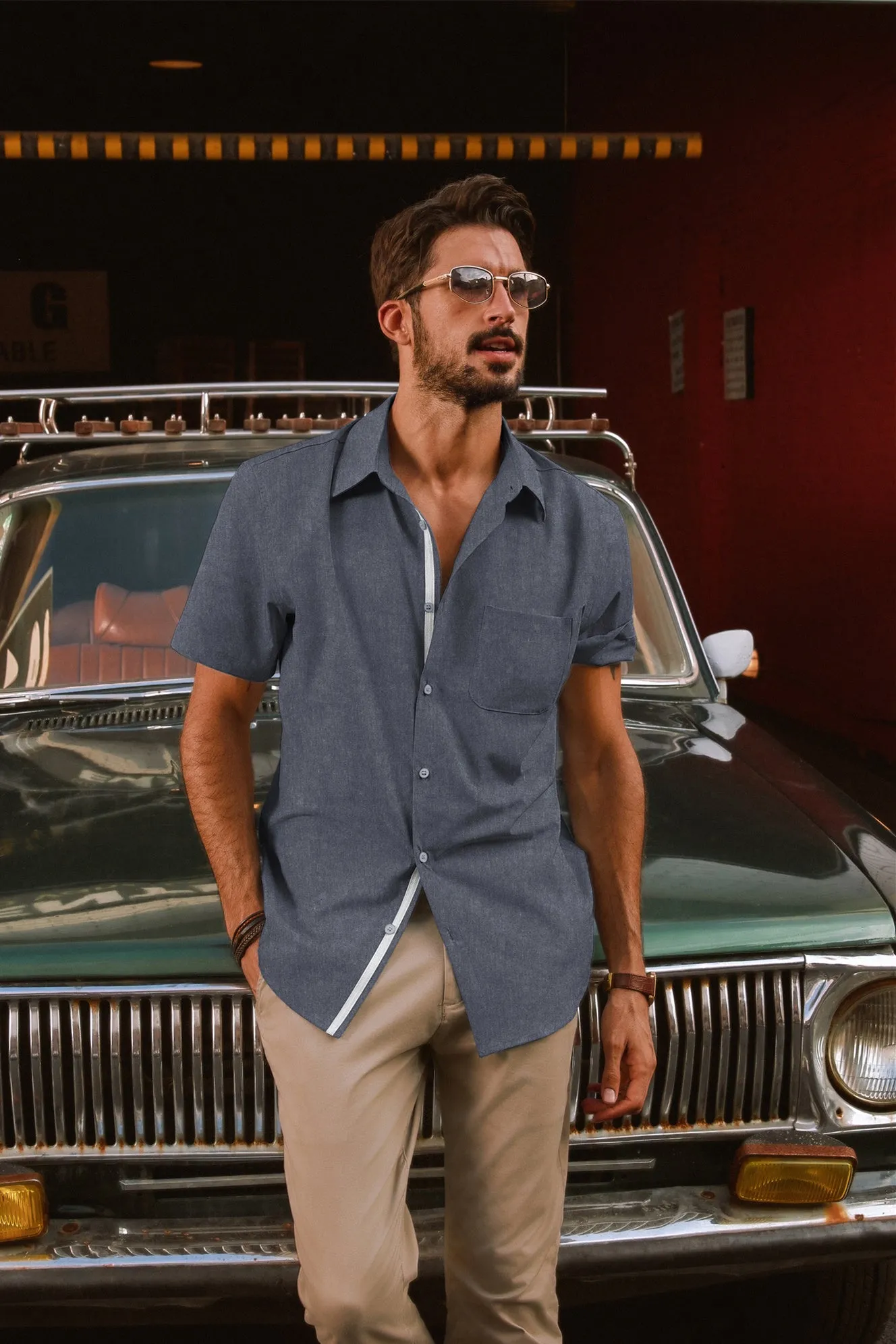 Men Classic Collar Shirt Casual Short Sleeve Curved Hem Button-up Tops