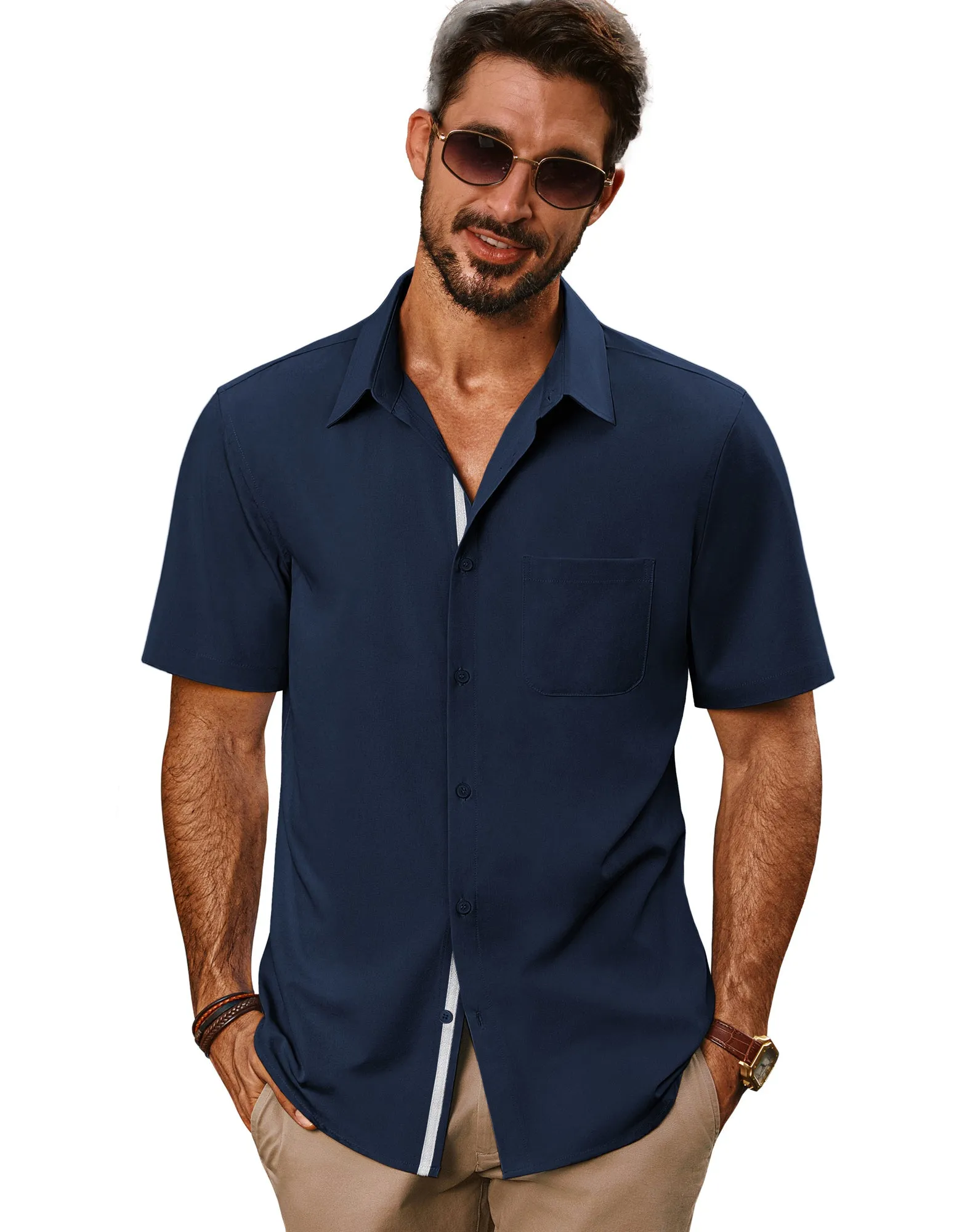 Men Classic Collar Shirt Casual Short Sleeve Curved Hem Button-up Tops