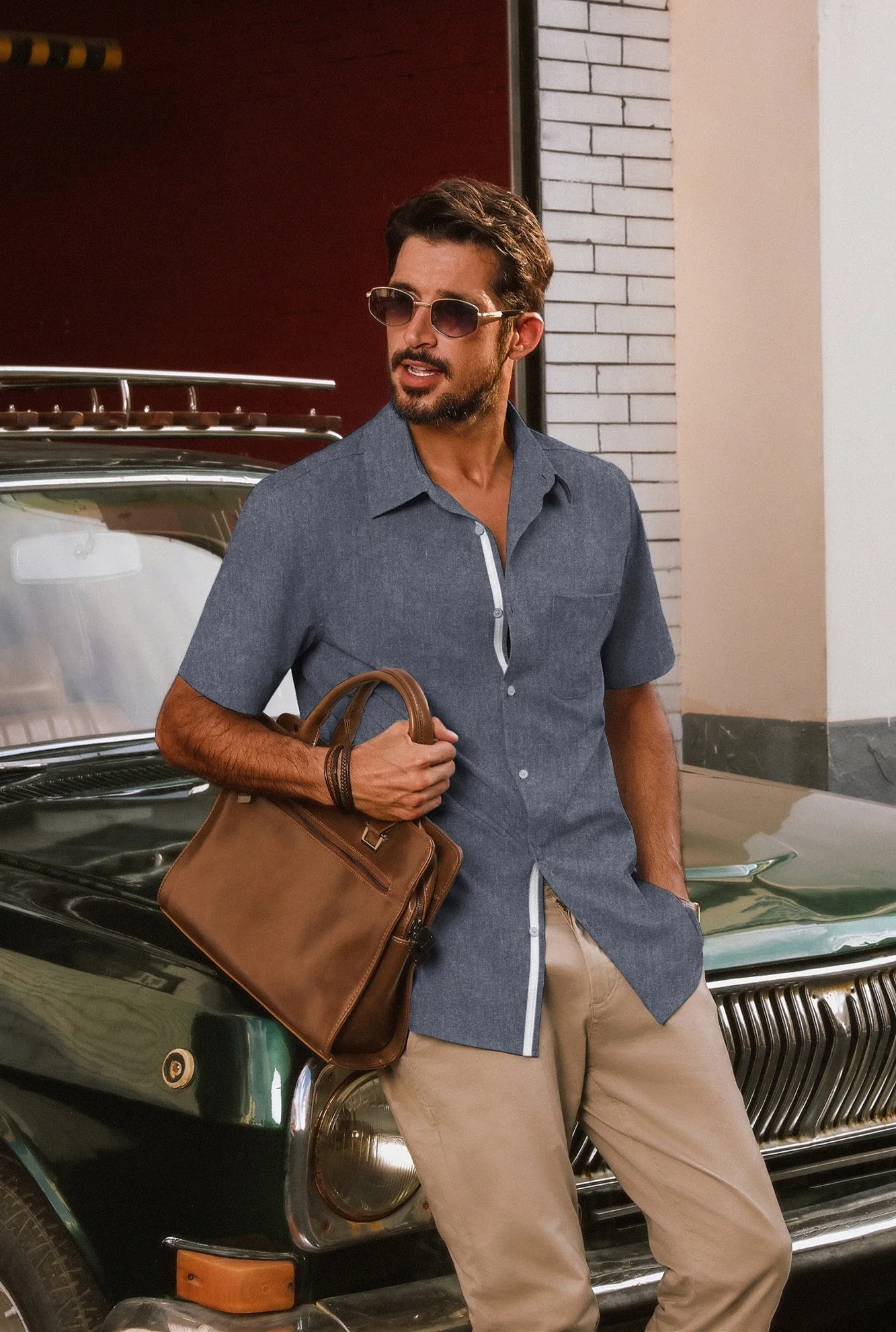Men Classic Collar Shirt Casual Short Sleeve Curved Hem Button-up Tops