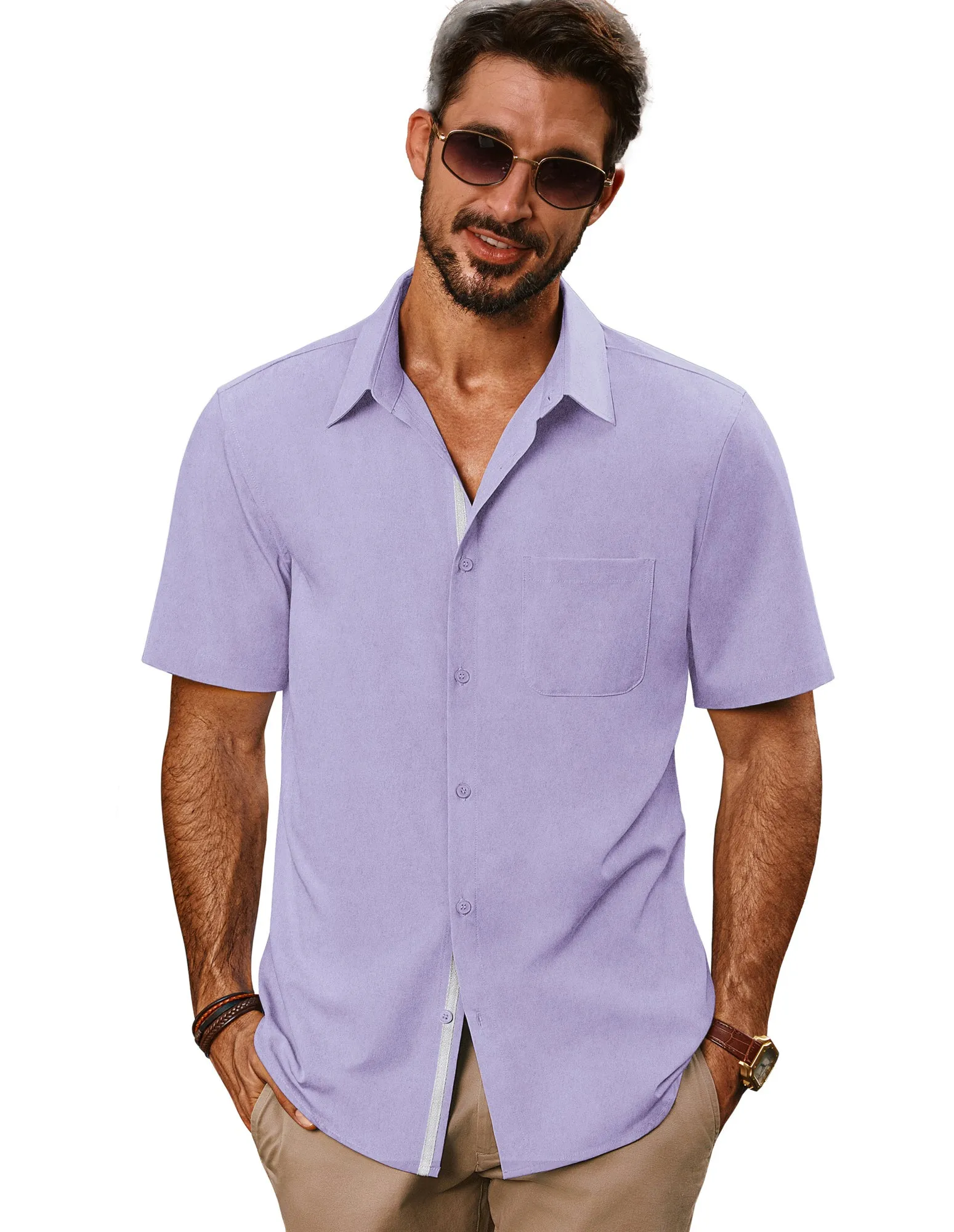 Men Classic Collar Shirt Casual Short Sleeve Curved Hem Button-up Tops