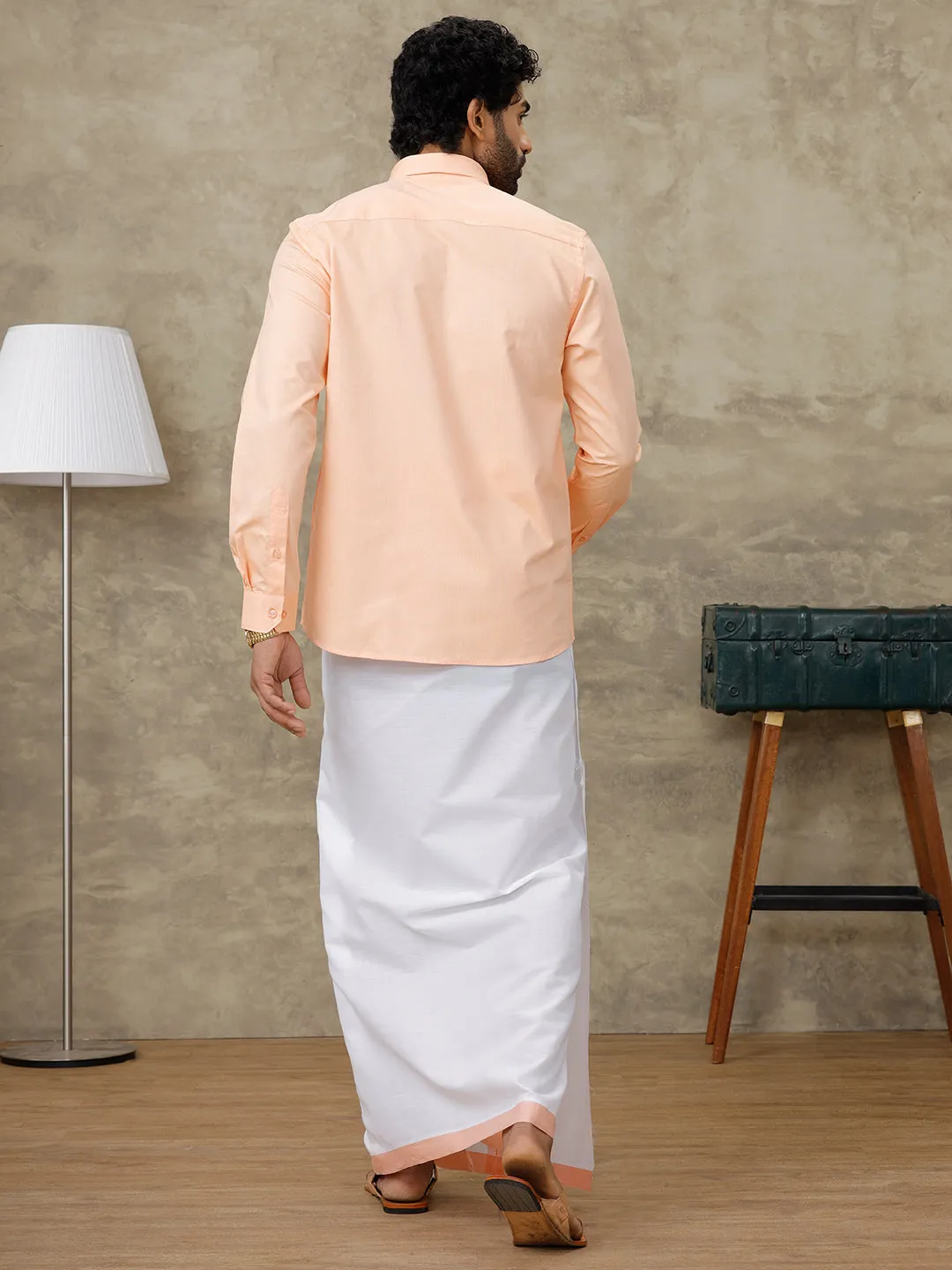 Men Peach Shirt With Matching Border Dhoti Set Evolution