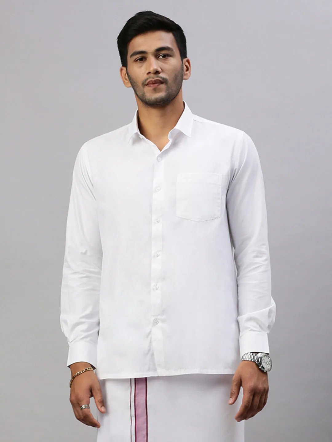 Men White Shirt with Purple Fancy Border Dhoti Combo WP18