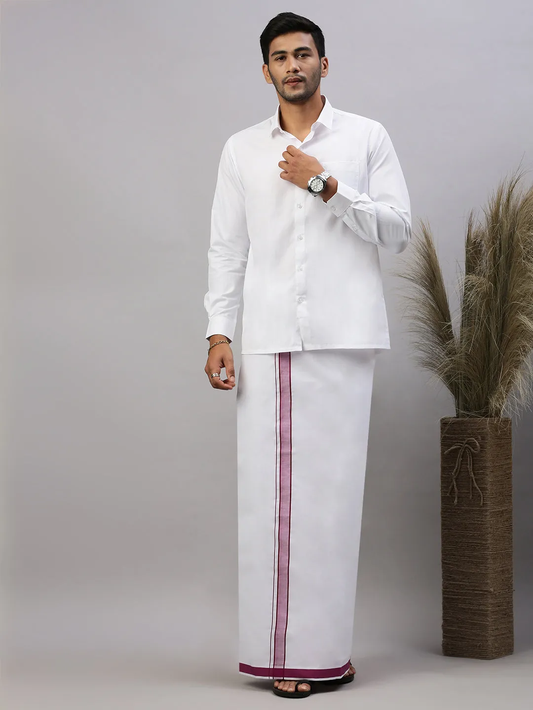 Men White Shirt with Purple Fancy Border Dhoti Combo WP18