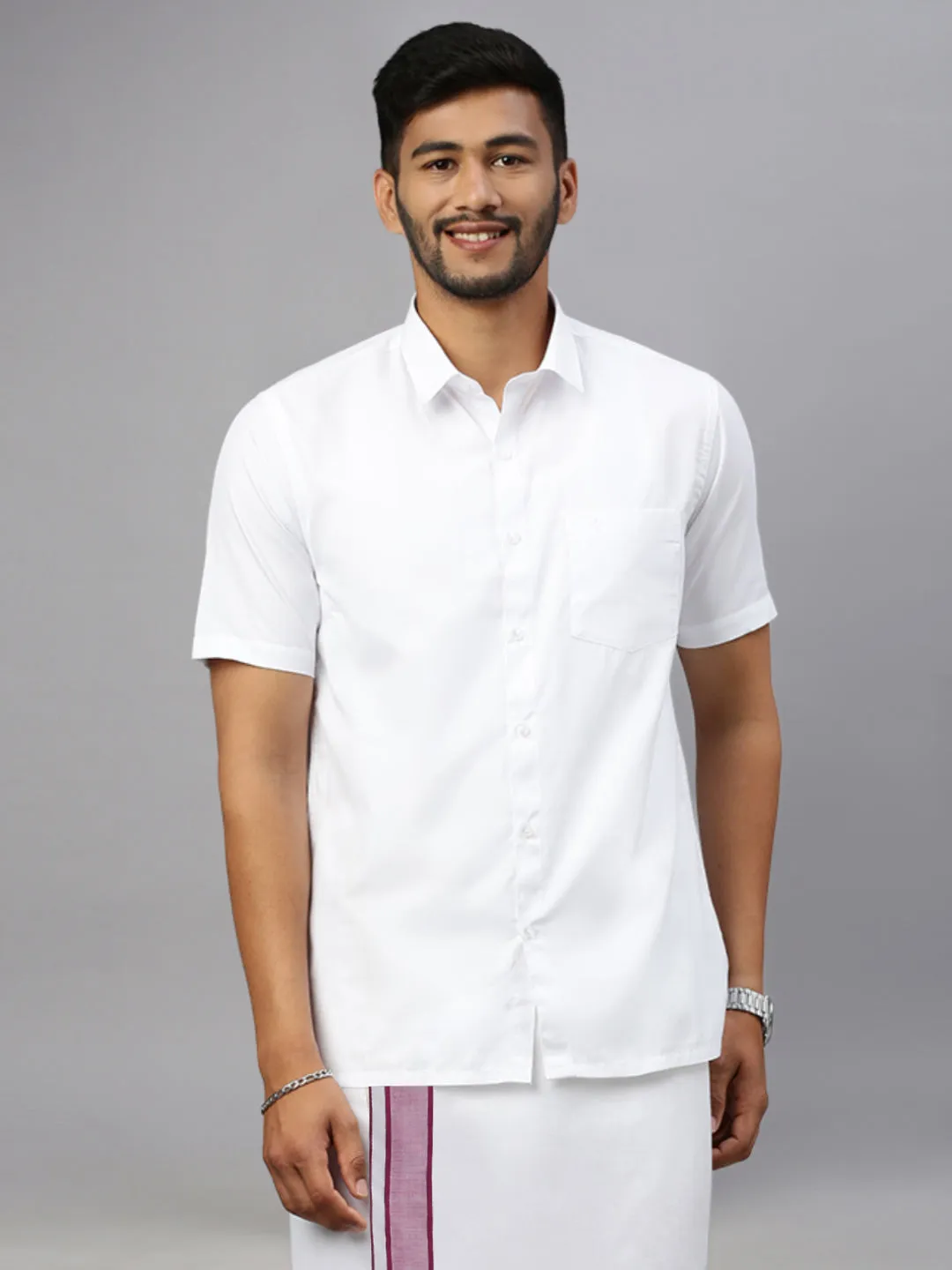 Men White Shirt with Purple Fancy Border Dhoti Combo WP18