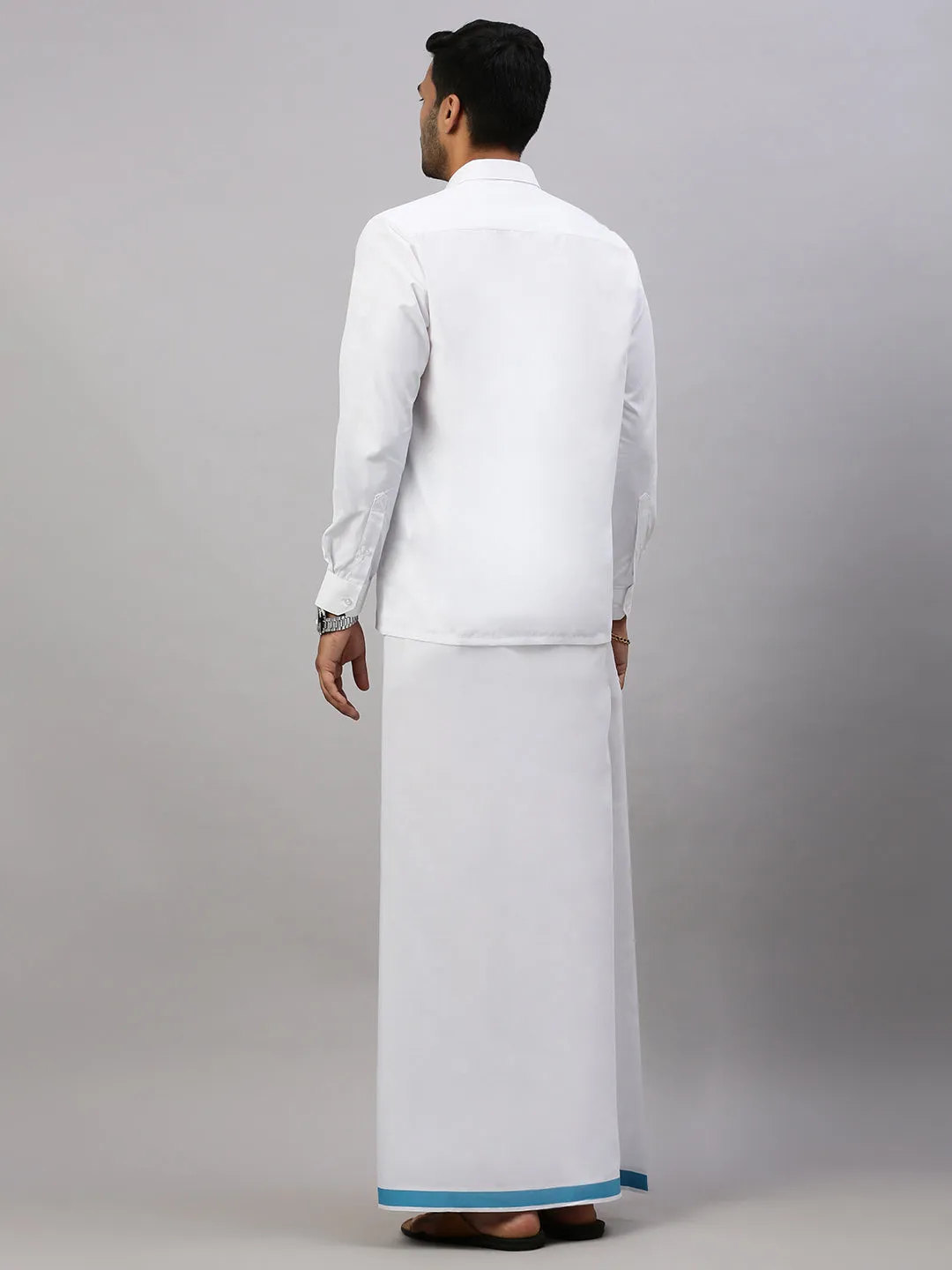 Men White Shirt with Sky Blue Fancy Border Dhoti Combo WP04