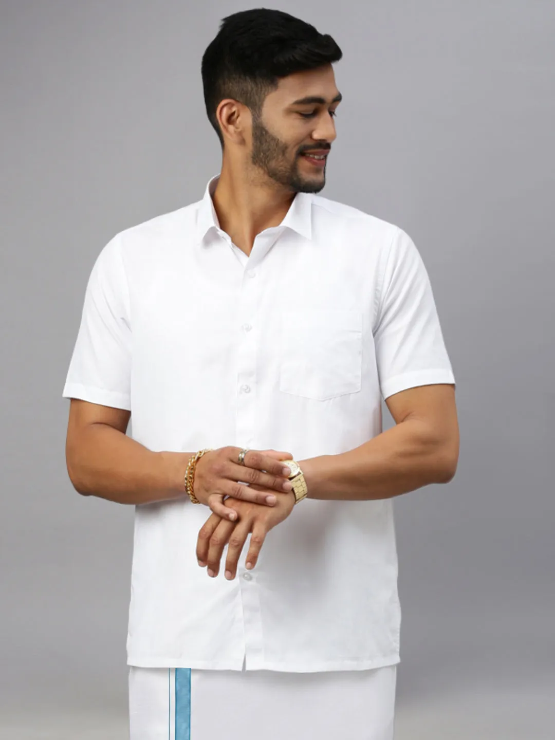 Men White Shirt with Sky Blue Fancy Border Dhoti Combo WP04