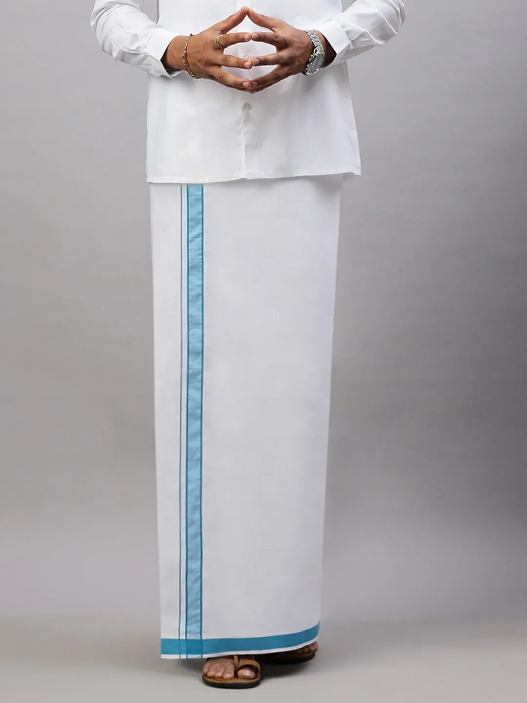 Men White Shirt with Sky Blue Fancy Border Dhoti Combo WP04