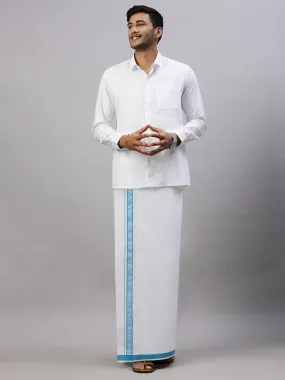 Men White Shirt with Sky Blue Fancy Border Dhoti Combo WP04
