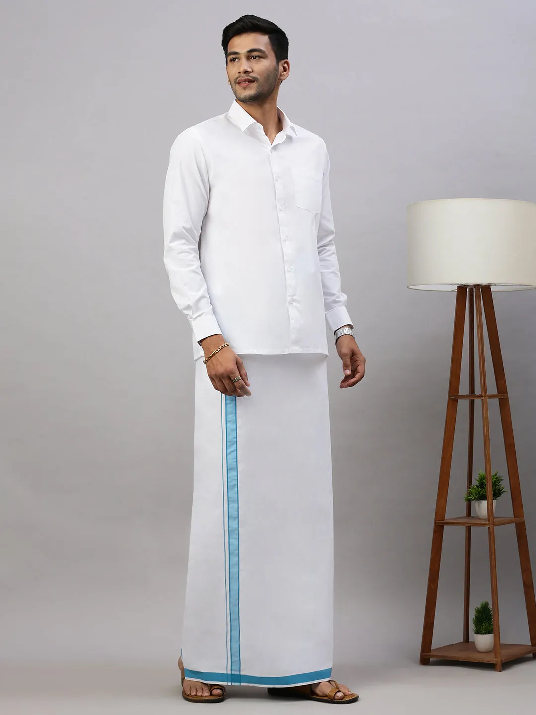 Men White Shirt with Sky Blue Fancy Border Dhoti Combo WP04