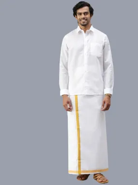 Men Wrinkle Free White Full Sleeves Shirt with 1'' inch Gold Jari Double Dhoti Combo