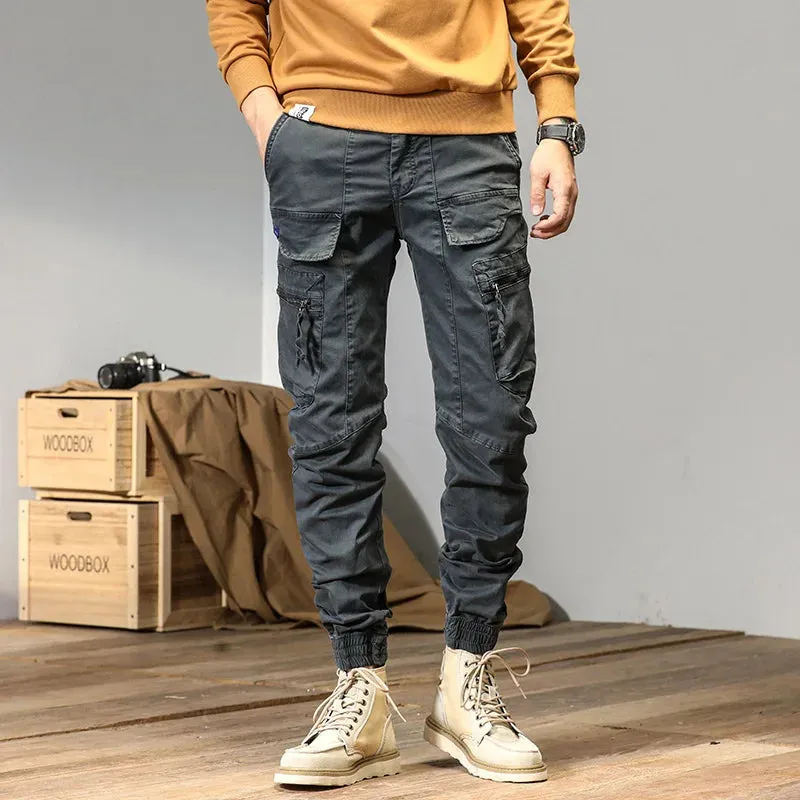 Men's bound feet fashion American retro Cargo pants  large pocket casual pants