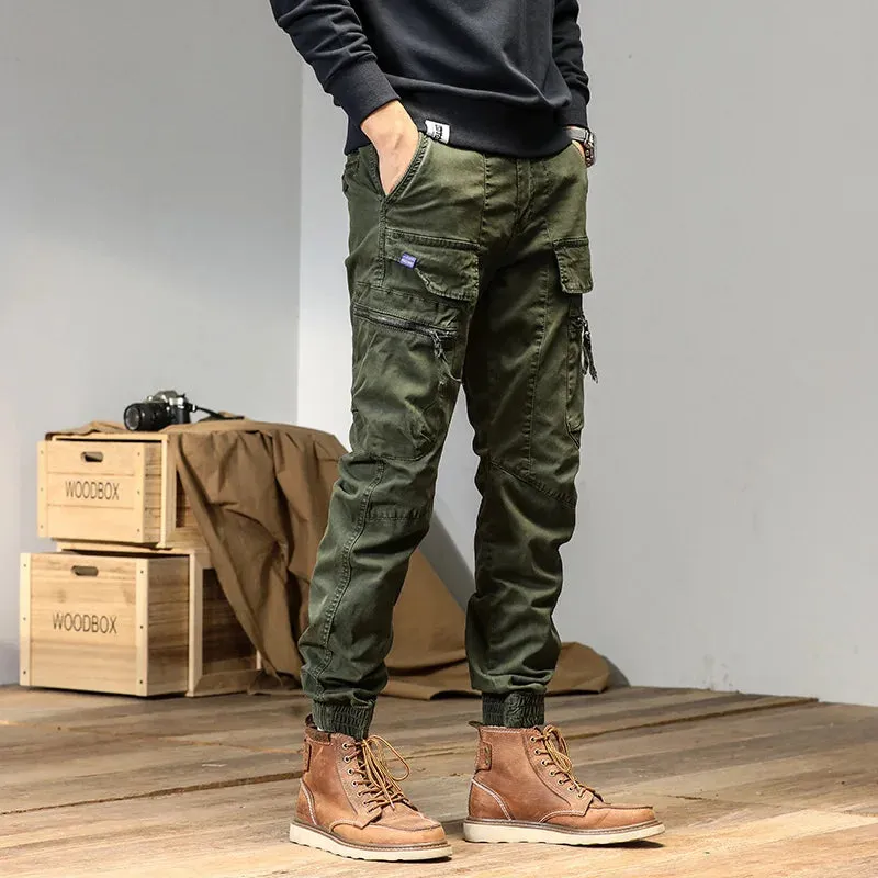 Men's bound feet fashion American retro Cargo pants  large pocket casual pants