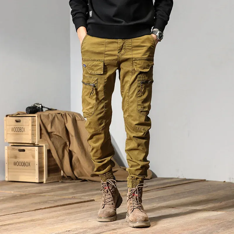 Men's bound feet fashion American retro Cargo pants  large pocket casual pants