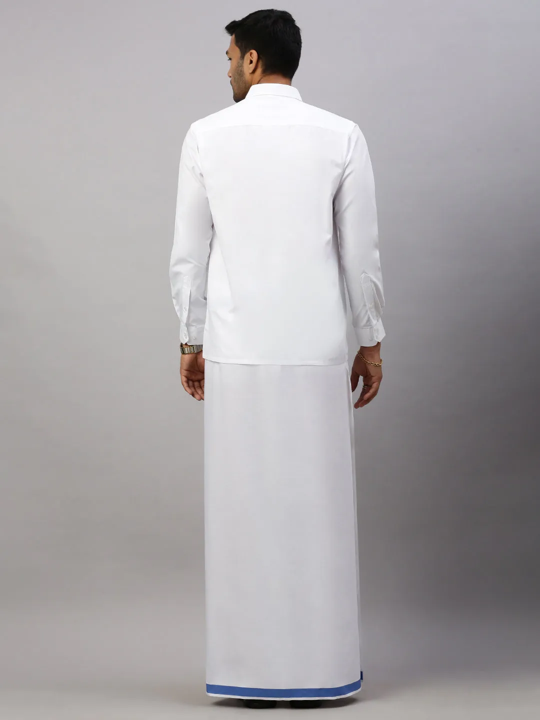 Mens White Shirt with Blue Fancy Border Dhoti Combo WP13