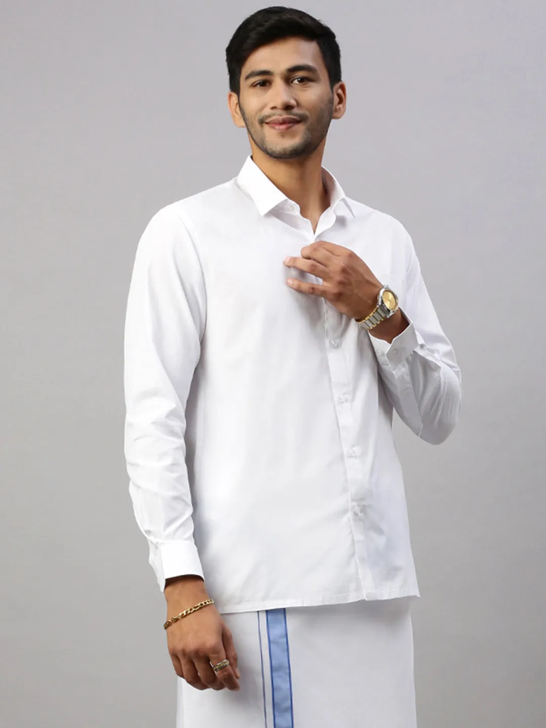 Mens White Shirt with Blue Fancy Border Dhoti Combo WP13