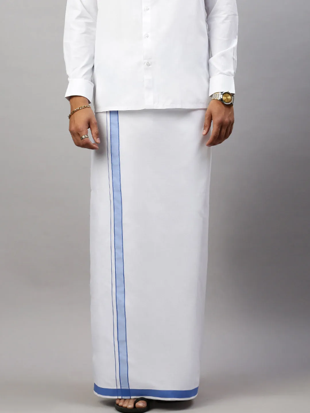 Mens White Shirt with Blue Fancy Border Dhoti Combo WP13
