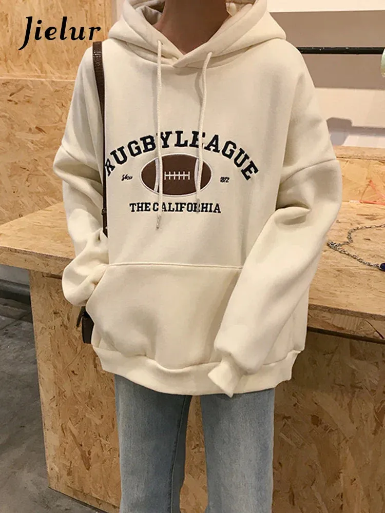 Metaversmall Rugby Fleece Women Hoodie Beige Gray Blue Loose Casual Korean Style Sweatshirt Hooded Pull
