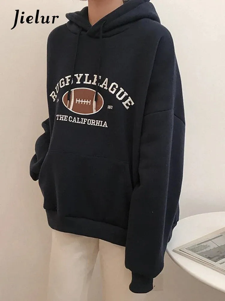Metaversmall Rugby Fleece Women Hoodie Beige Gray Blue Loose Casual Korean Style Sweatshirt Hooded Pull