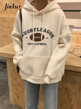 Metaversmall Rugby Fleece Women Hoodie Beige Gray Blue Loose Casual Korean Style Sweatshirt Hooded Pull