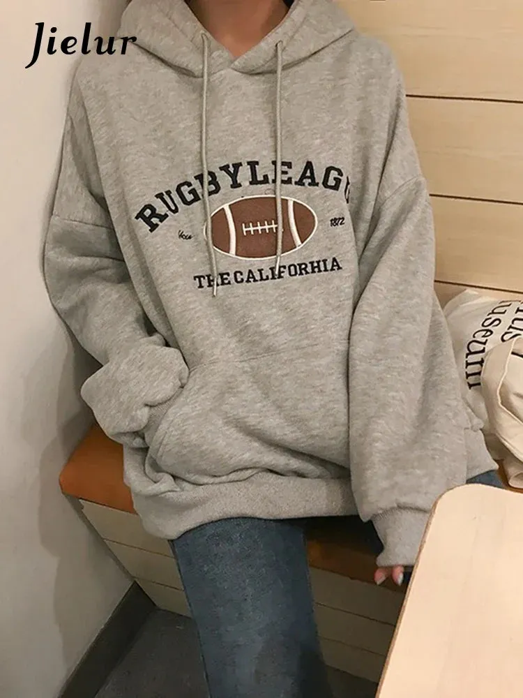 Metaversmall Rugby Fleece Women Hoodie Beige Gray Blue Loose Casual Korean Style Sweatshirt Hooded Pull