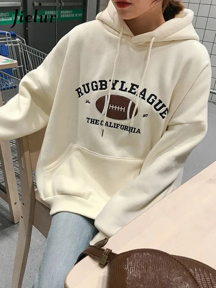Metaversmall Rugby Fleece Women Hoodie Beige Gray Blue Loose Casual Korean Style Sweatshirt Hooded Pull