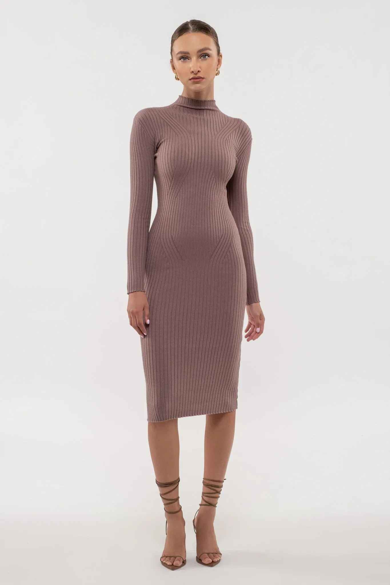 MOCK NECK LONG SLEEVE SWEATER KNIT MIDI DRESS
