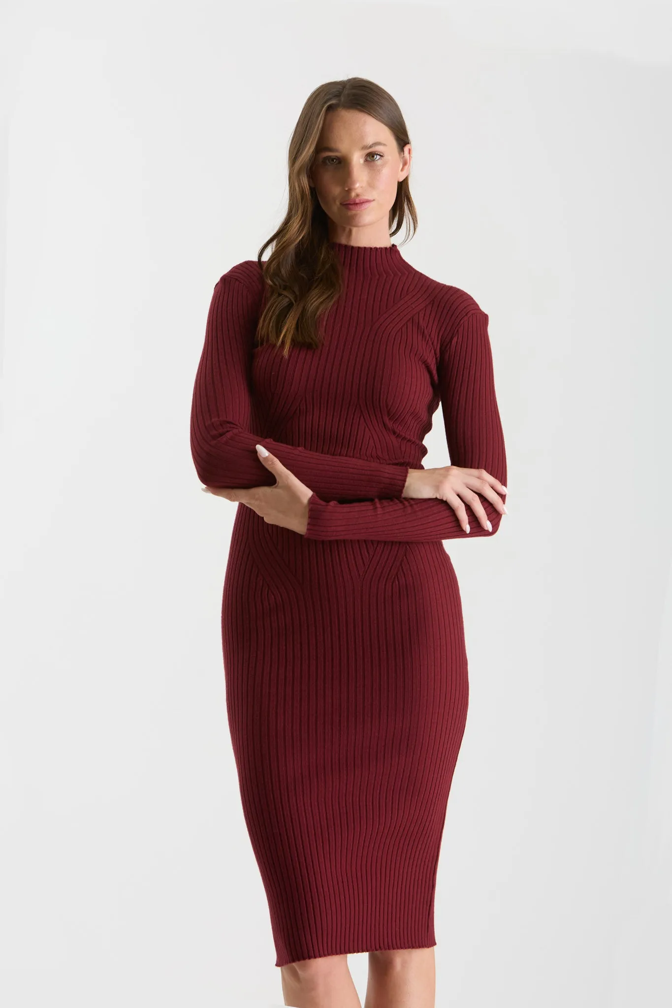 MOCK NECK LONG SLEEVE SWEATER KNIT MIDI DRESS