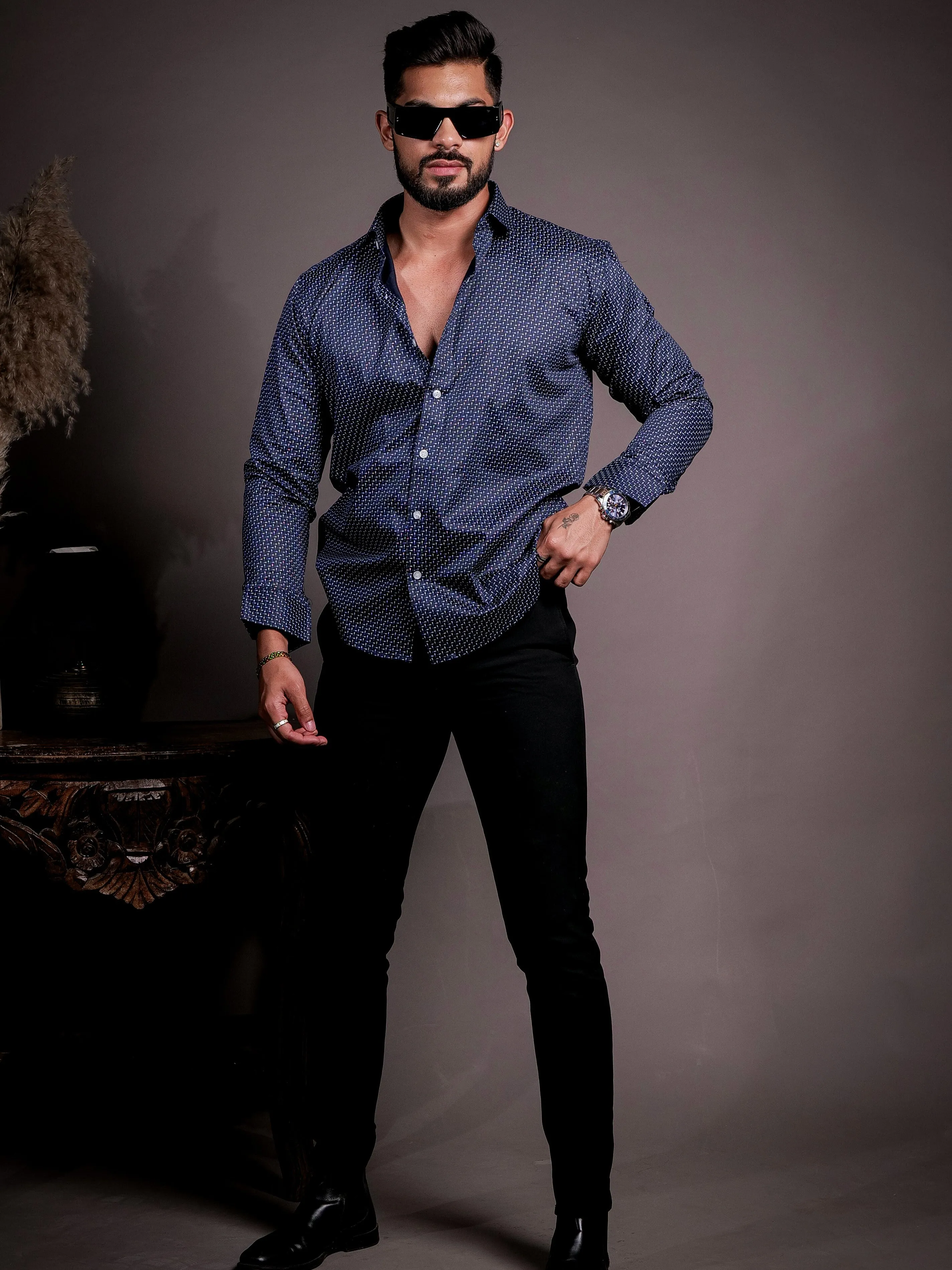 Navy Satin Cotton Print Premium Shirt
