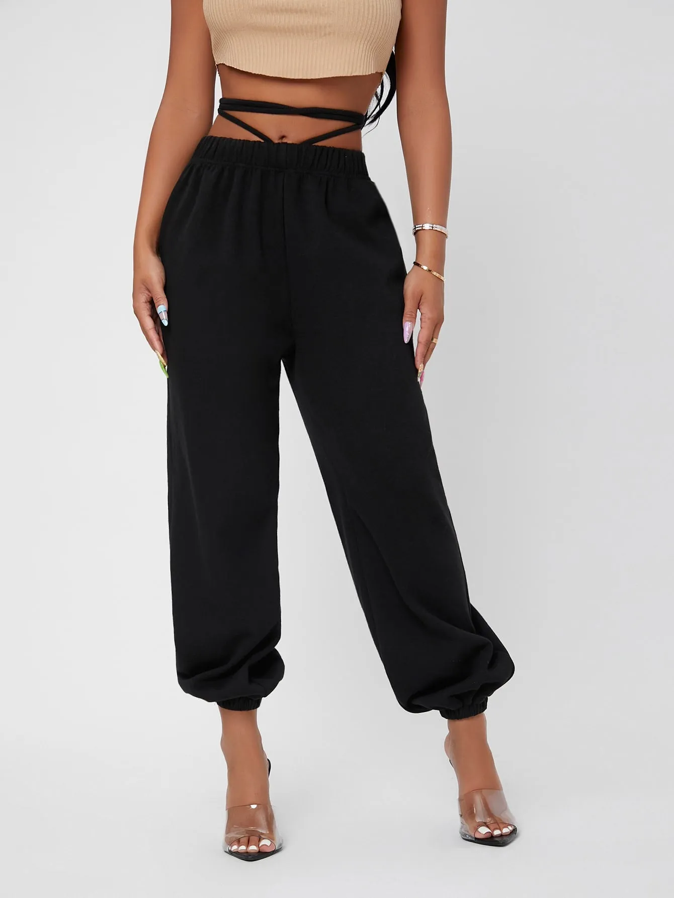 Plain Criss Cross High Waist Long Women Sweatpants