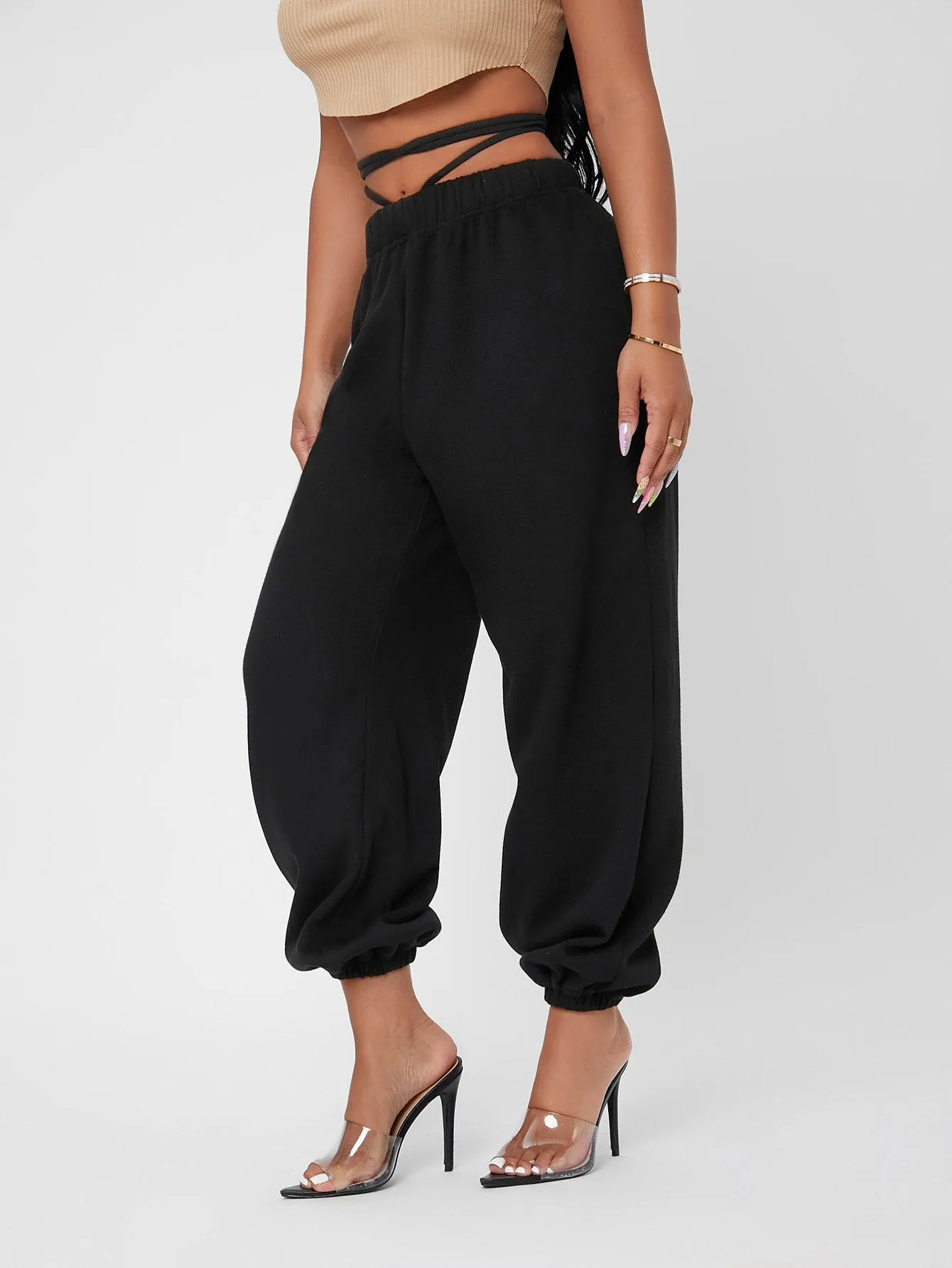 Plain Criss Cross High Waist Long Women Sweatpants