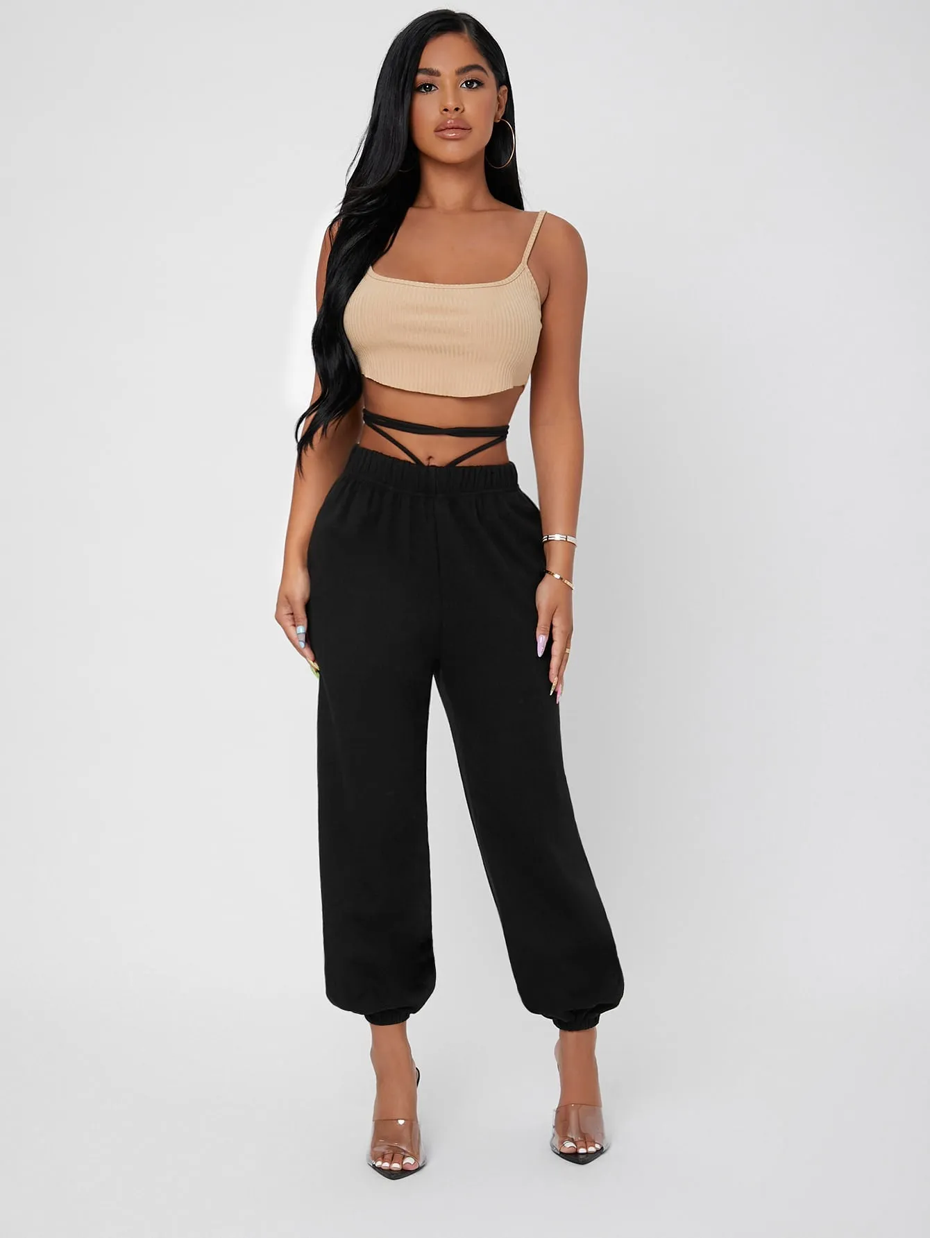 Plain Criss Cross High Waist Long Women Sweatpants