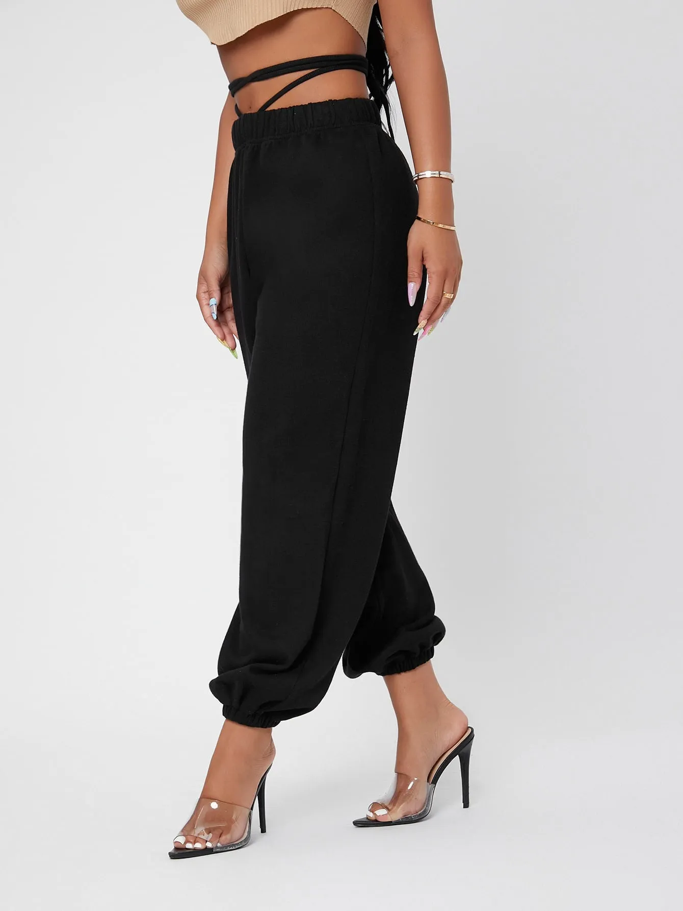 Plain Criss Cross High Waist Long Women Sweatpants