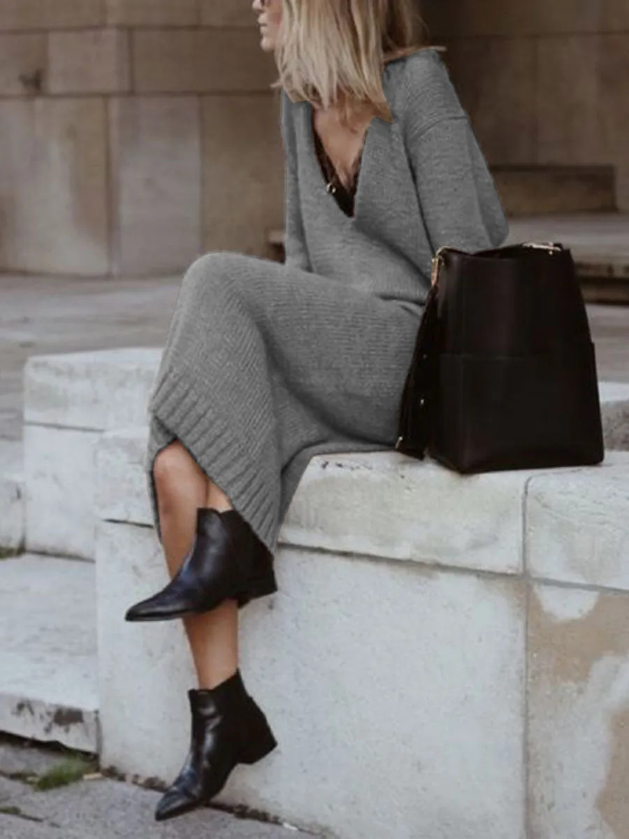 Pure Color Casual V-Neck Knitted Maxi Dress