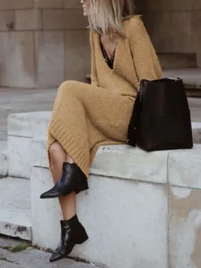Pure Color Casual V-Neck Knitted Maxi Dress