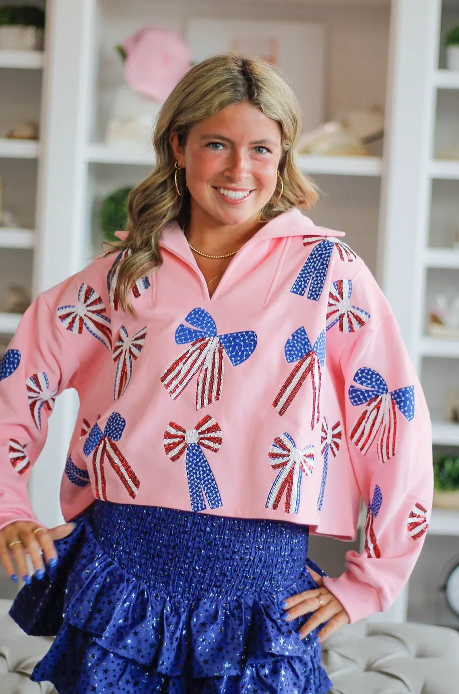 Queen of Sparkles Light Pink USA Bow Collar Sweatshirt