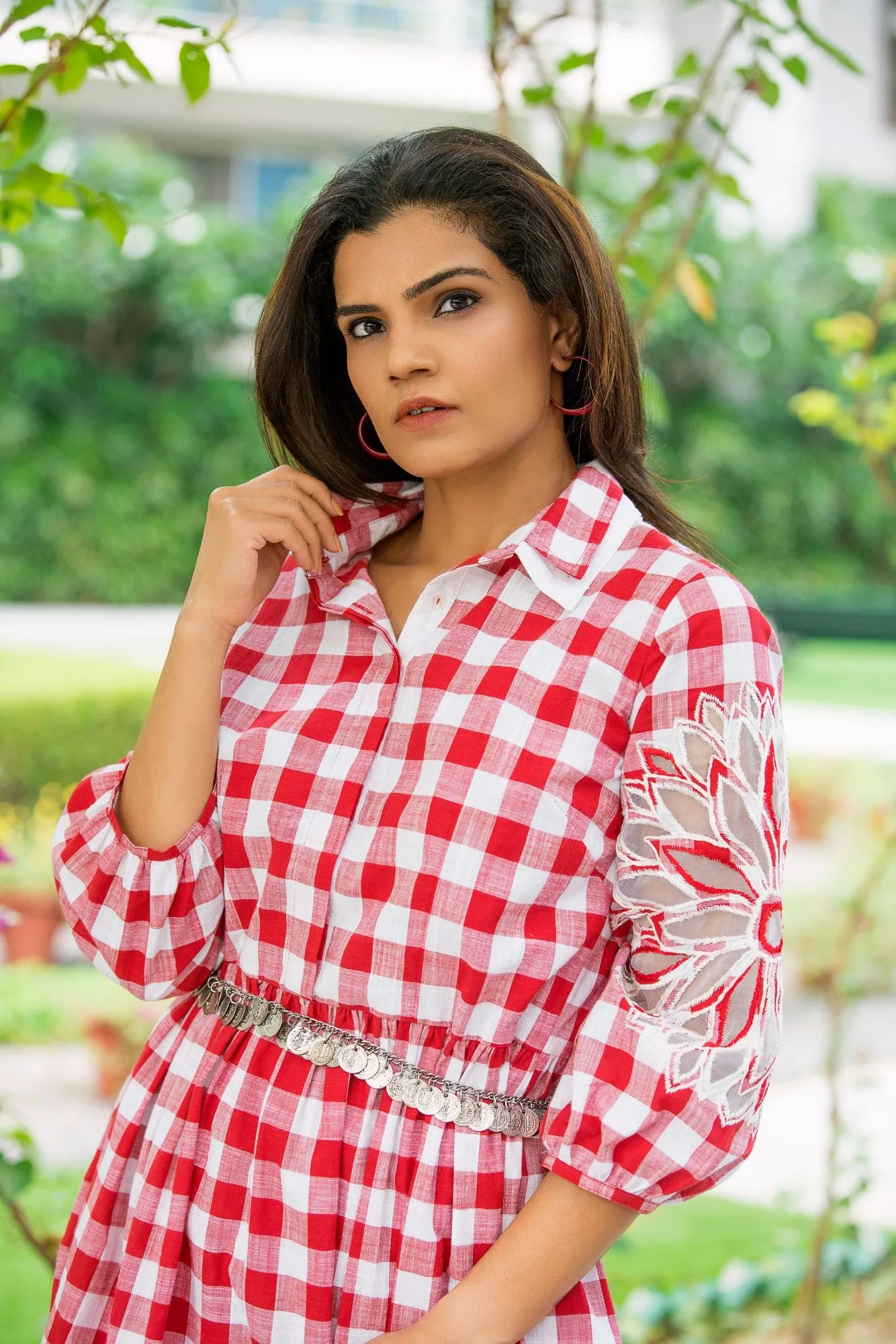 Red Checked Double Collar Dress