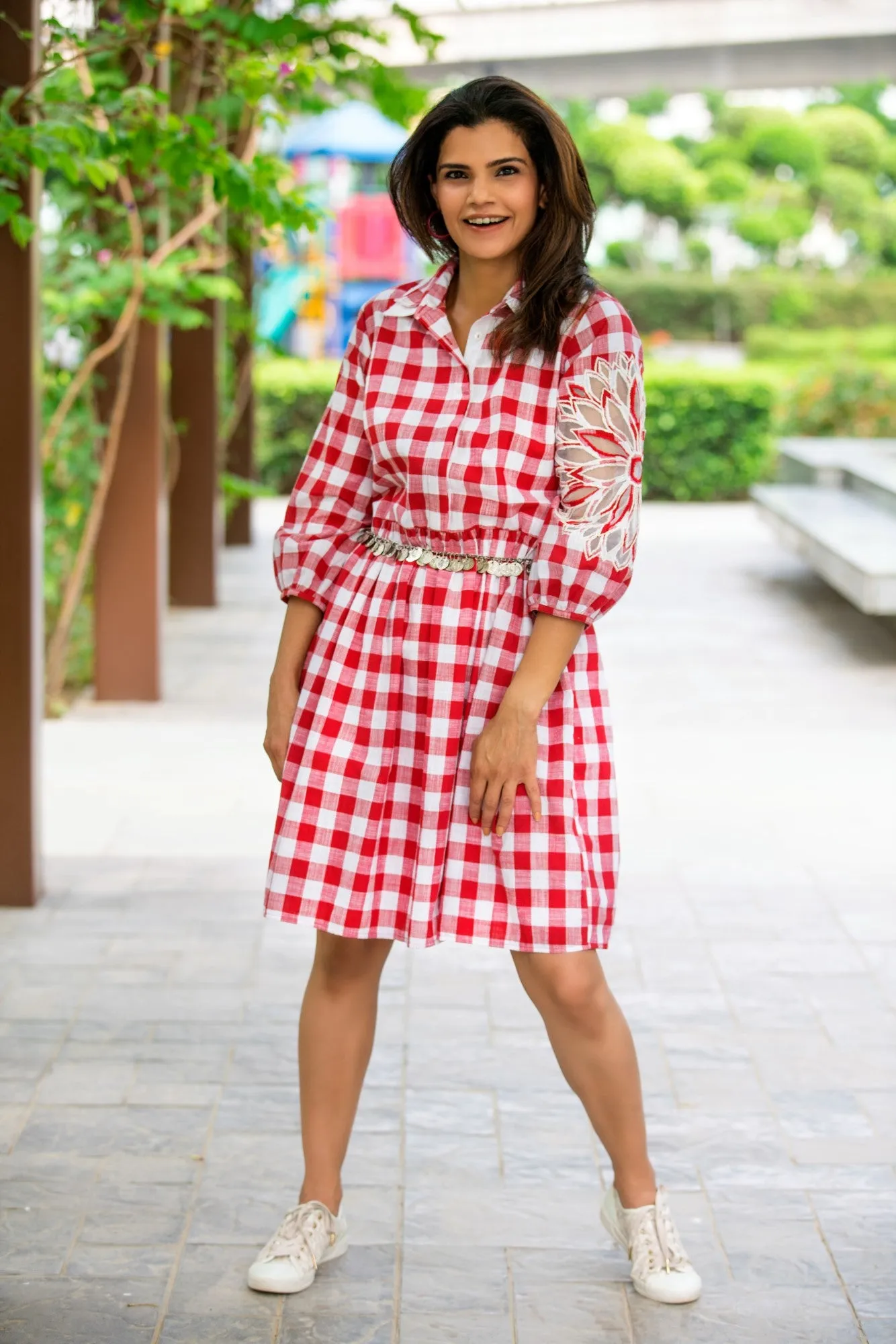Red Checked Double Collar Dress