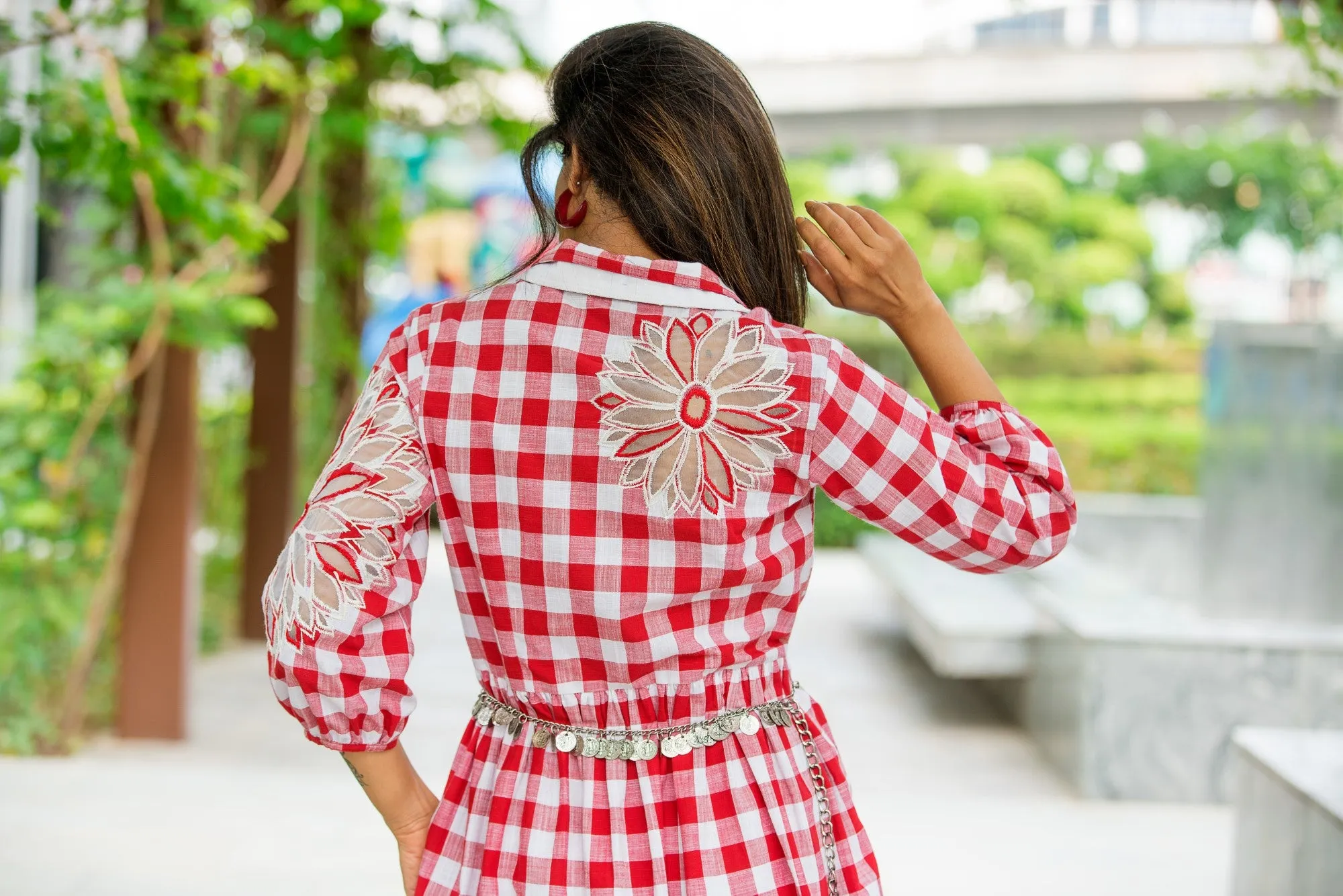 Red Checked Double Collar Dress