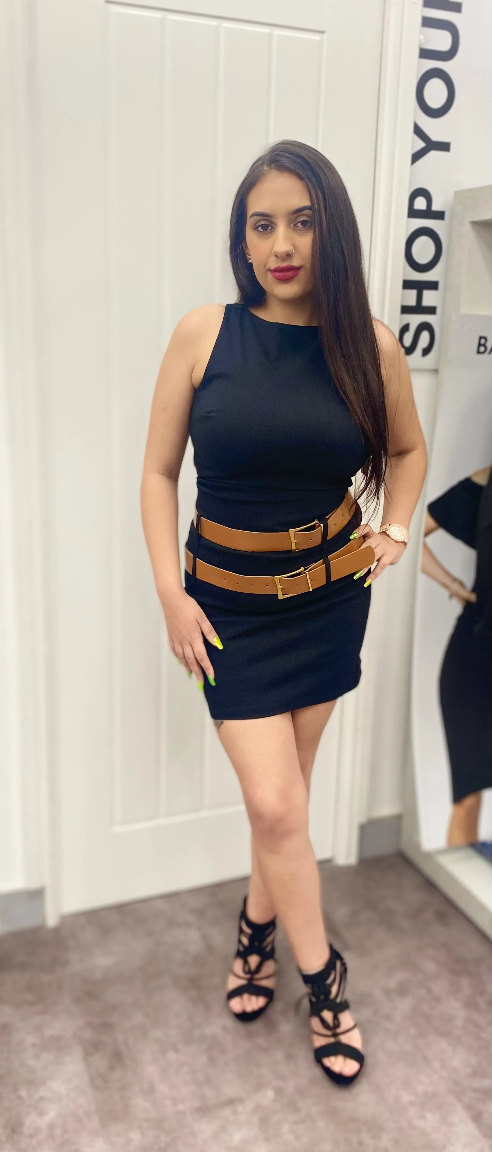 ROSIE BLACK DOUBLE BELTED STRETCH SLEEVELESS MINI DRESS