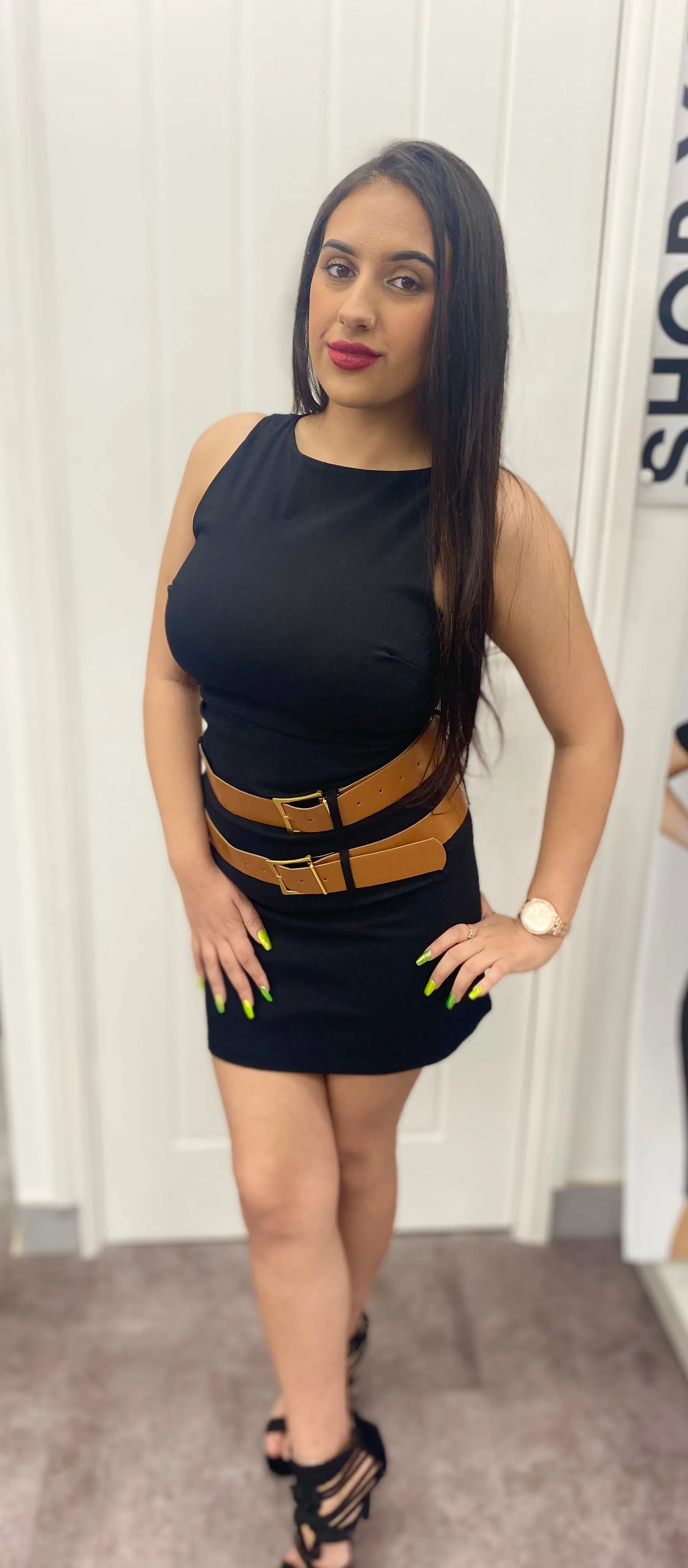 ROSIE BLACK DOUBLE BELTED STRETCH SLEEVELESS MINI DRESS