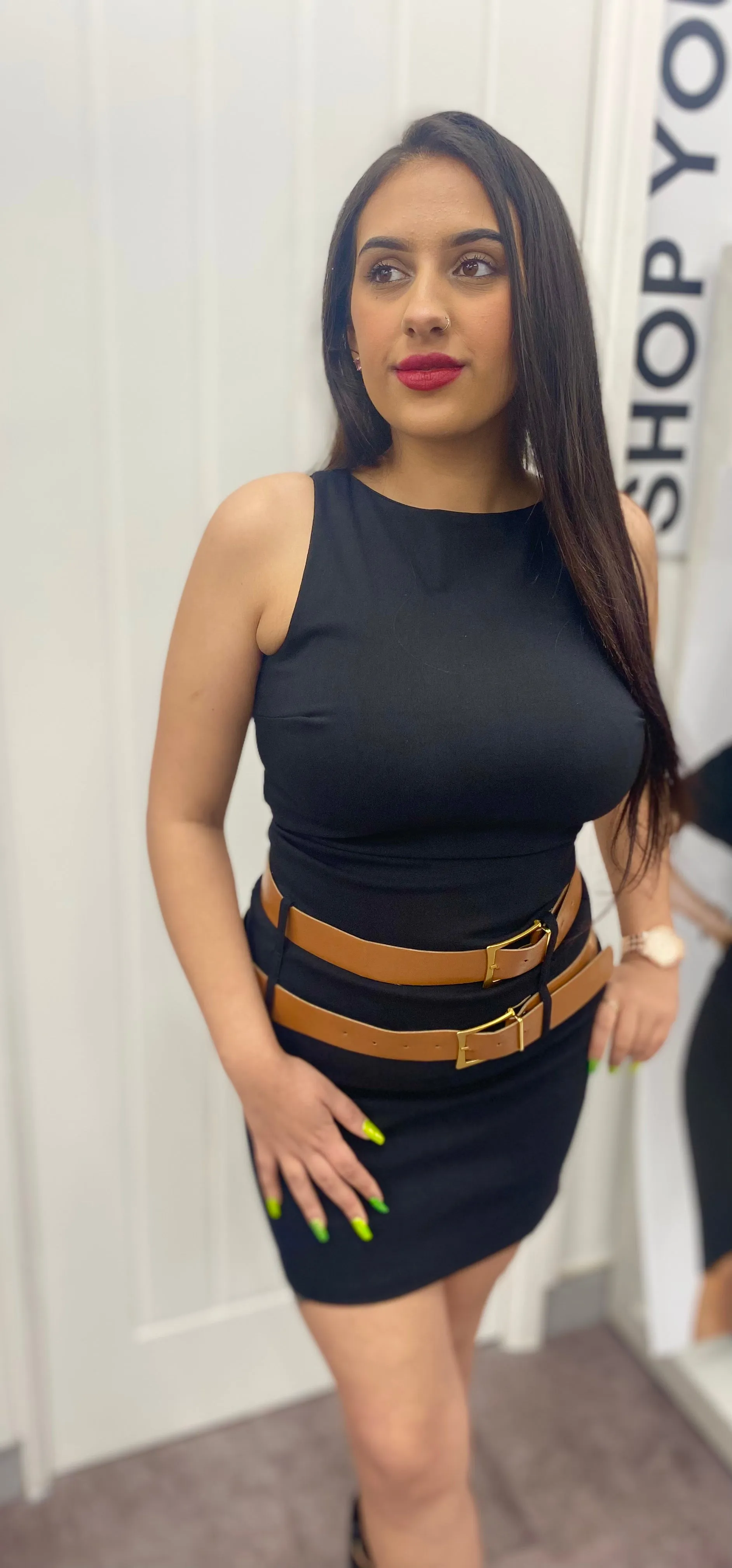 ROSIE BLACK DOUBLE BELTED STRETCH SLEEVELESS MINI DRESS