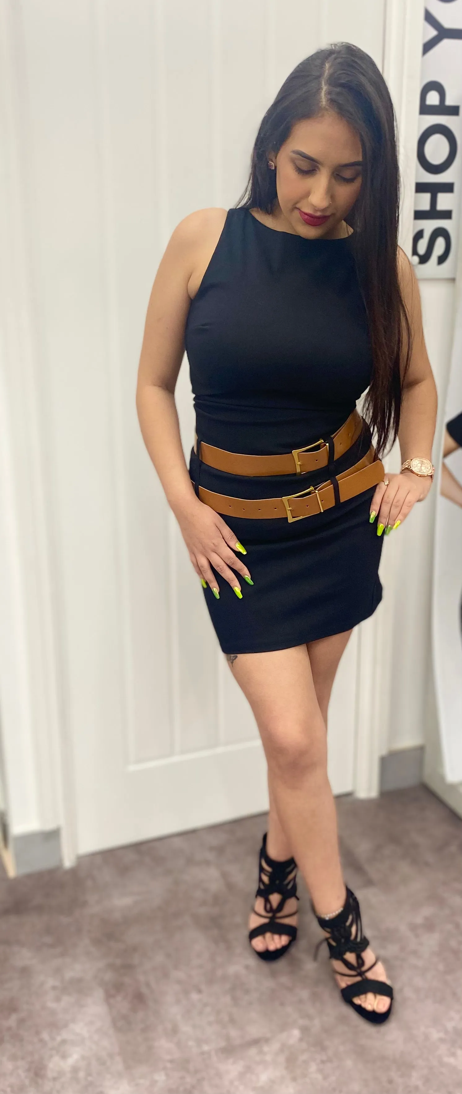 ROSIE BLACK DOUBLE BELTED STRETCH SLEEVELESS MINI DRESS