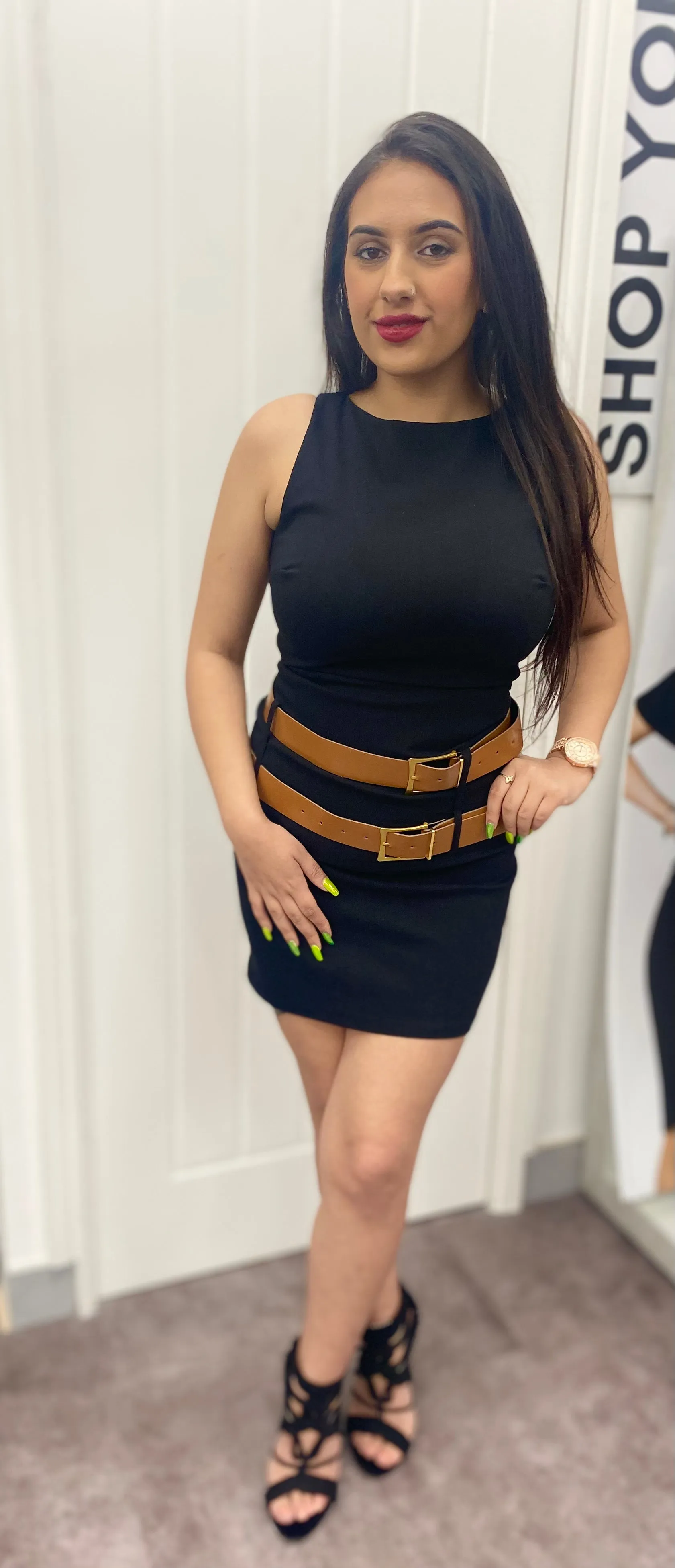 ROSIE BLACK DOUBLE BELTED STRETCH SLEEVELESS MINI DRESS
