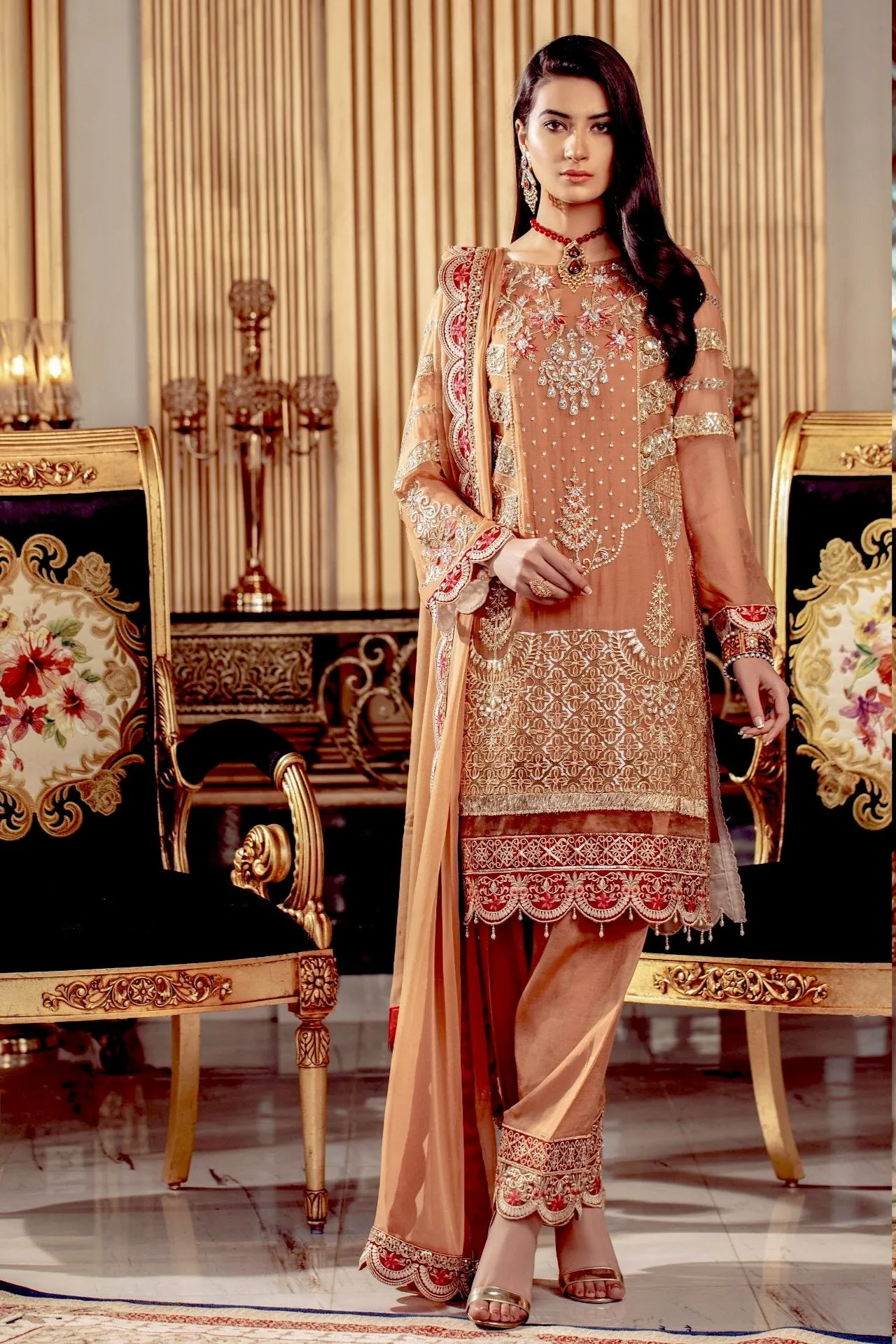 Serene Premium Beaux Rêves Embroidered Chiffon Collection 2020 – S-1004 Rust Tickle