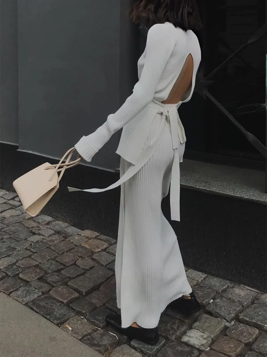 Sexy Open Back Slim Knit Top and Sweater Split Skirt Two-piece