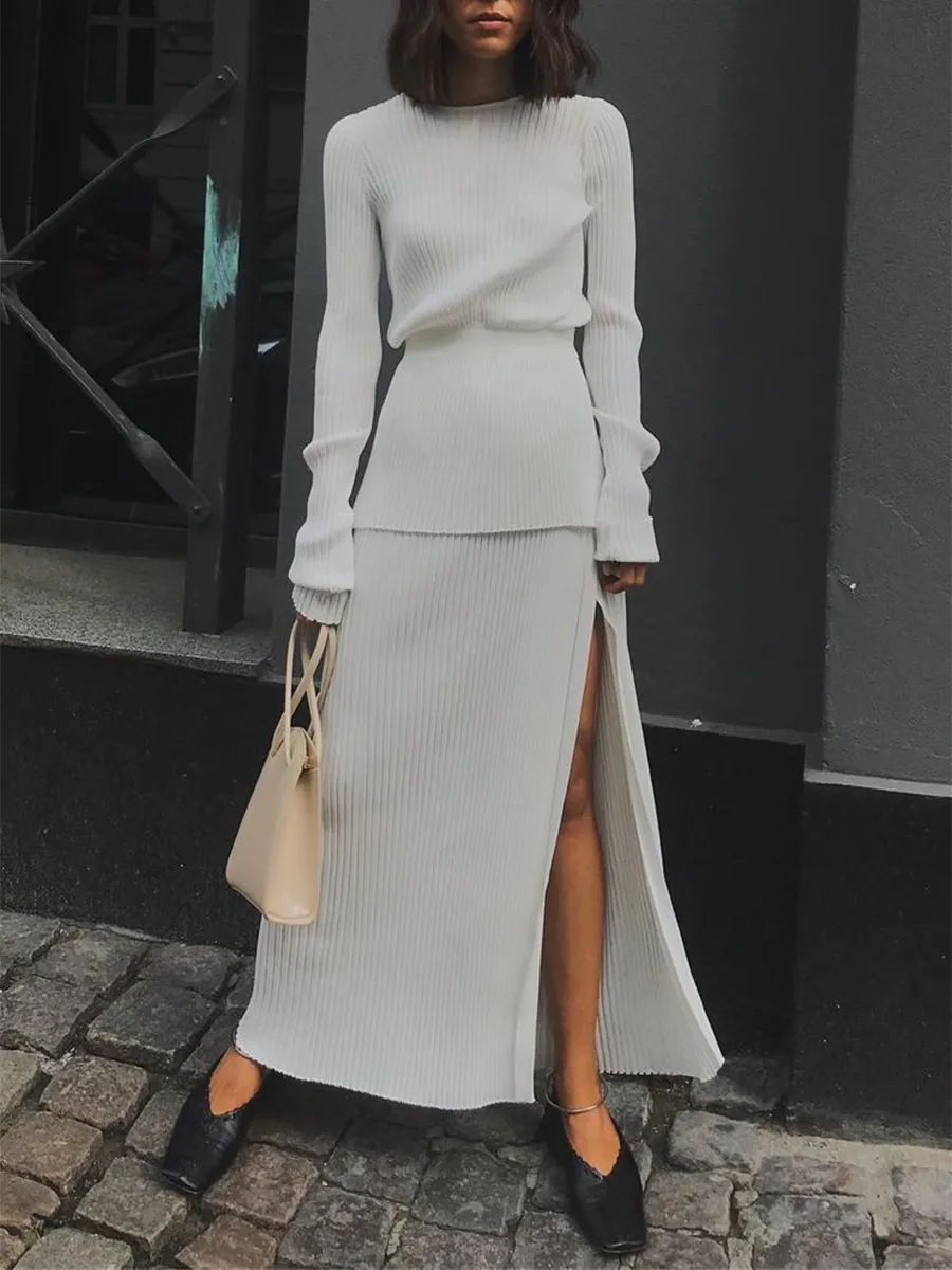 Sexy Open Back Slim Knit Top and Sweater Split Skirt Two-piece
