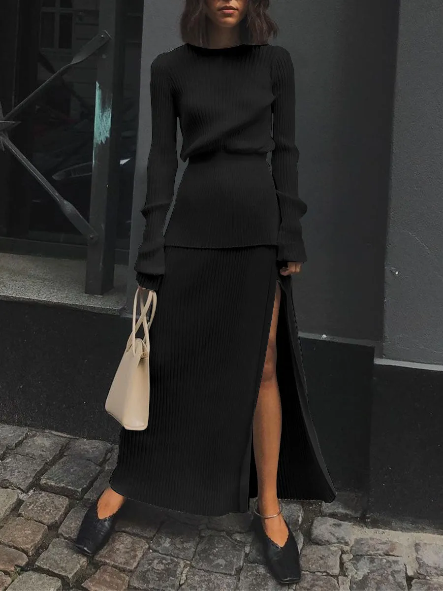 Sexy Open Back Slim Knit Top and Sweater Split Skirt Two-piece