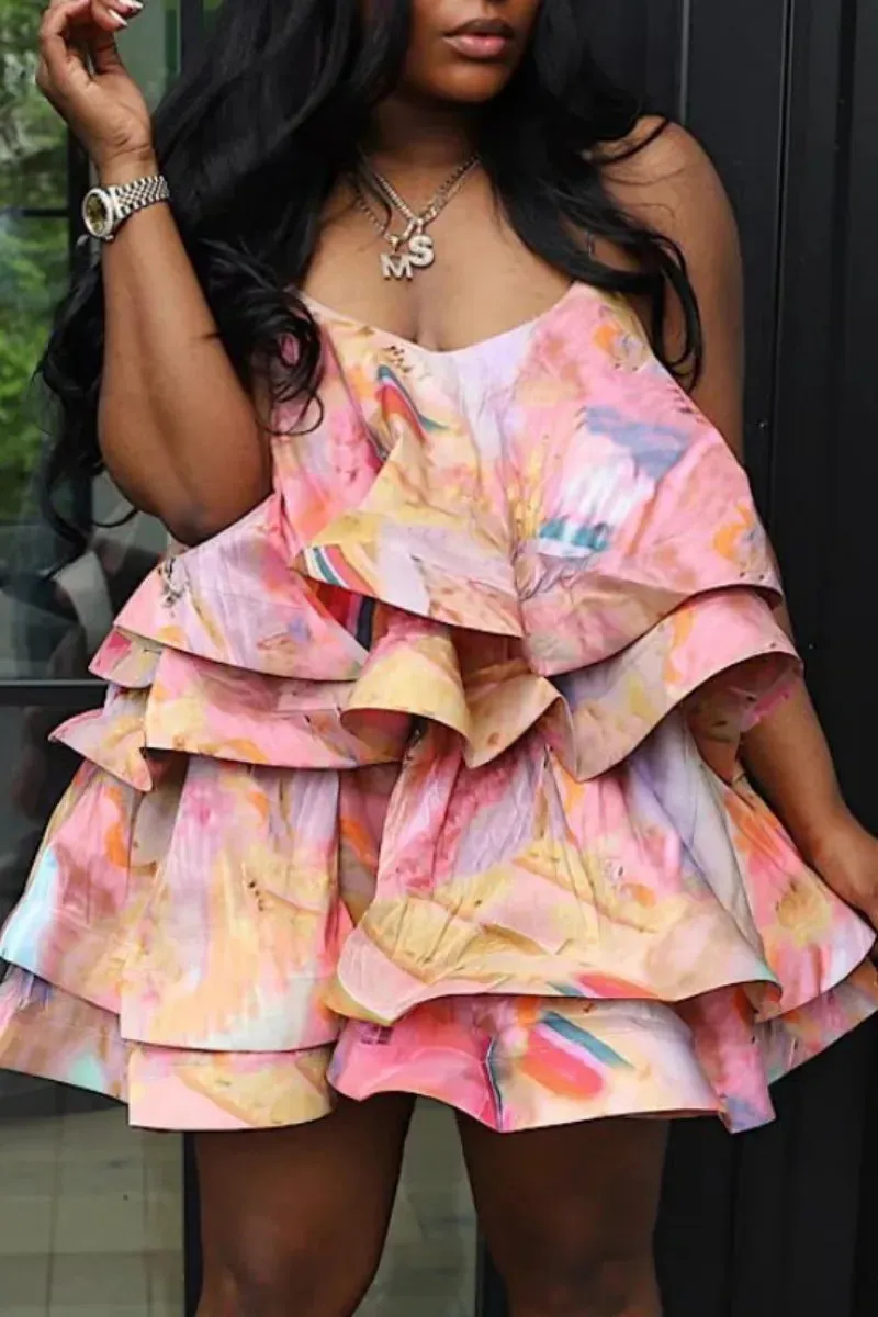 Sexy Pastel Pink Multicolor Abstract Watercolor Print Layered Mini Dress